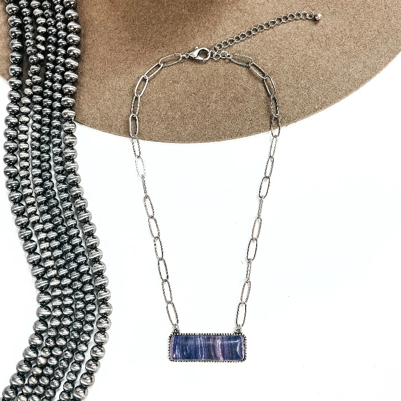 Let's Link Up Silver Tone Chain Necklace with Rectangle Agate Stone Pendant in Purple