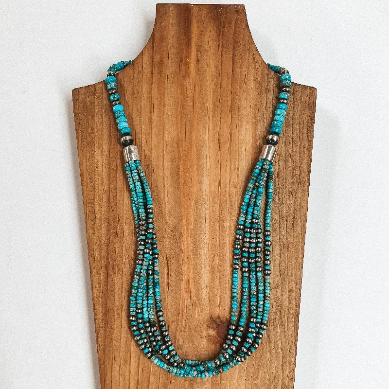 Navajo | Navajo Handmade Sterling Silver Multi Strand Turquoise Beaded Necklace with Navajo Pearls