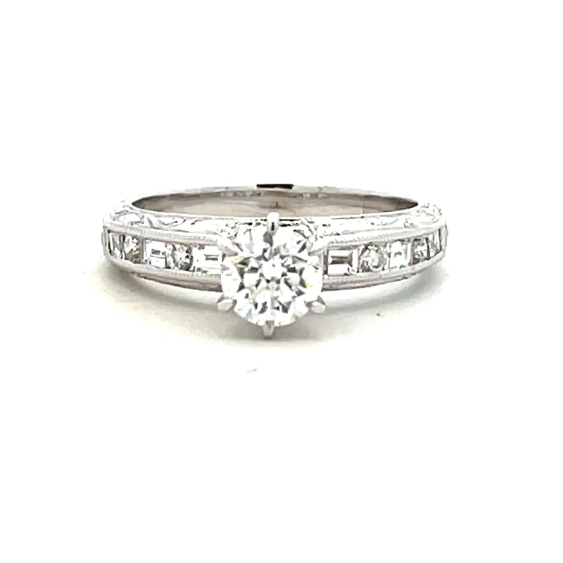 18 Karat White Gold Rhodium Plated Hand-Engraved Engagement Ring