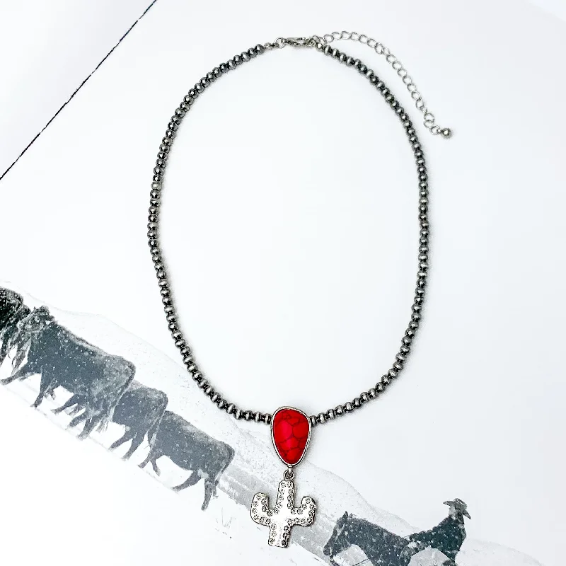 Cactus Queen Faux Navajo Silver Tone Necklace with Stone in Red