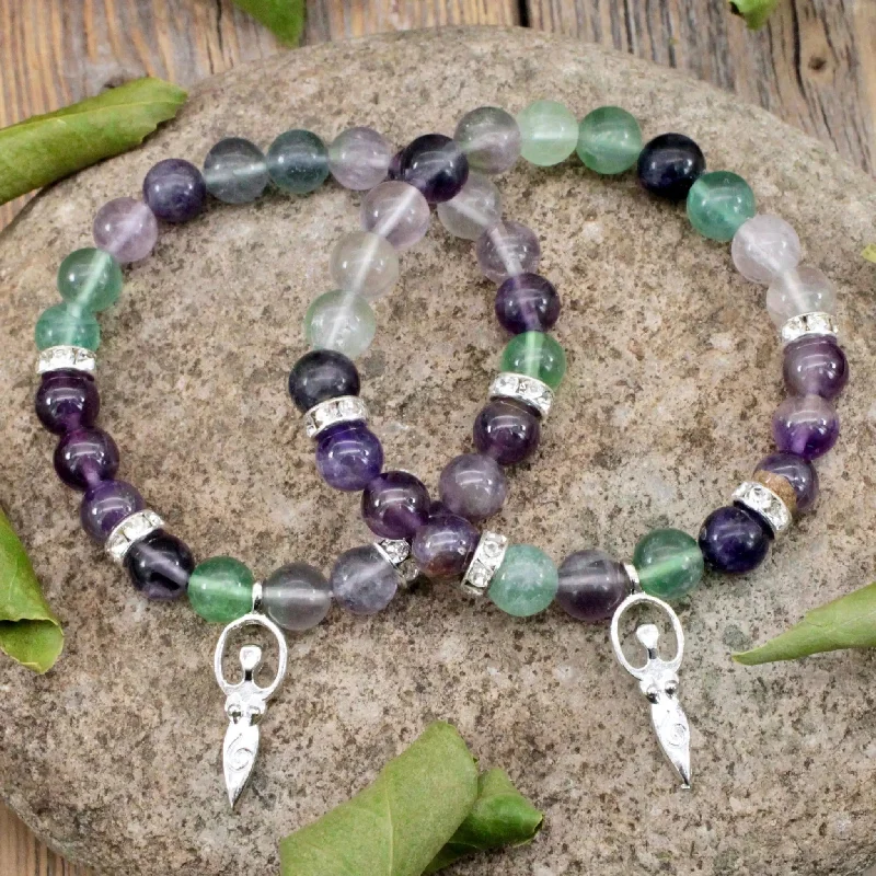 Rainbow Fluorite and Amethyst Bracelet with Goddess Charm - 8mm