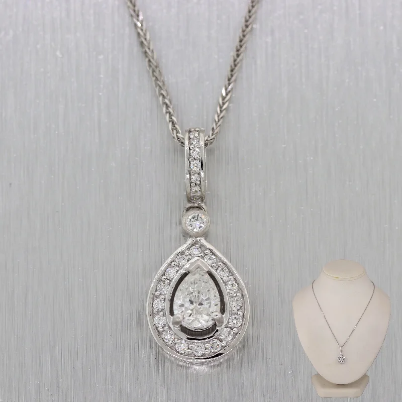 Modern 14k White Gold .82ct Pear Shaped Diamond 1.40ctw Halo 16" Necklace