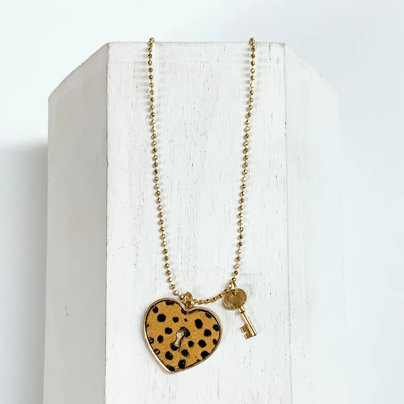 Key to My Heart Gold Tone Necklace with Gold Tone Key Charm and Brown Dotted Heart Pendant