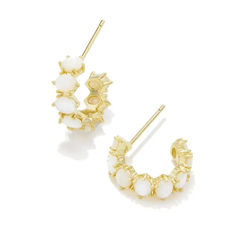 Kendra Scott | Cailin Gold Crystal Huggie Earrings in Ivory Mother-Of-Pearl