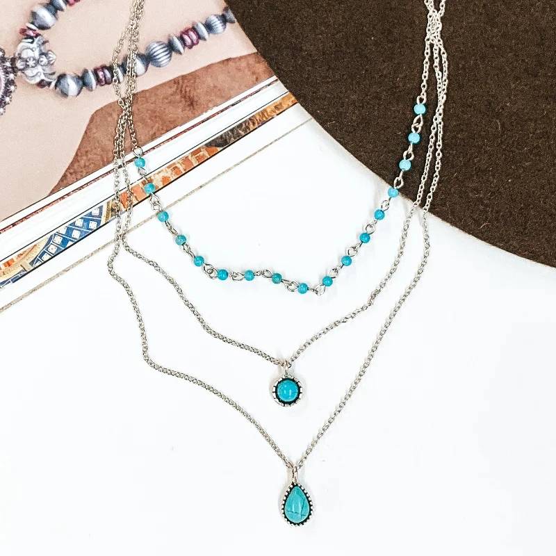 Out of The Blue Three Layered Silver Necklace with Beaded Chain and Stone Pendants in Turquoise