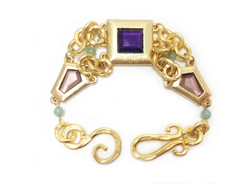 Tivoli Bracelet In Smoky Topaz-Natural Dark Amethyst Square and Green Jade Sphere