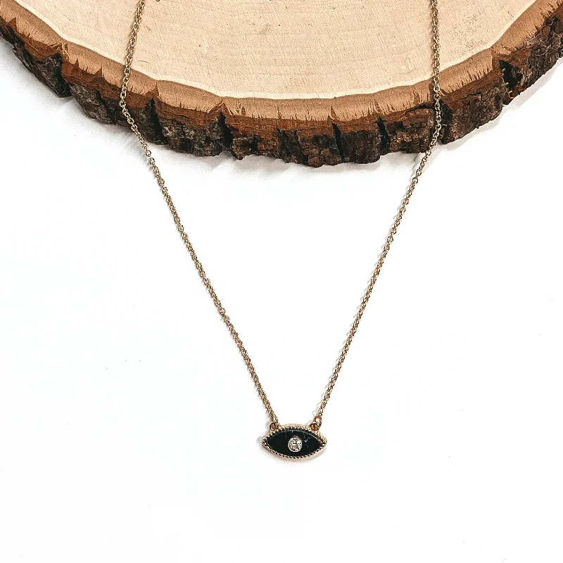 Gold Tone Necklace with Evil Eye Charm in Black with Clear Crystal