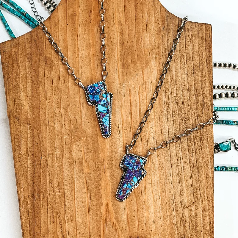 Donovan Skeets | Navajo Handmade Sterling Silver Necklace with Purple Mojave and Turquoise Remix Lightning Bolt Pendant