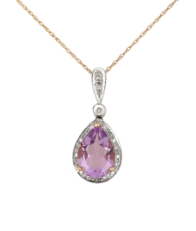 Modern 14K Rose Gold 13x8mm Amethyst Pear Cut 0.14ctw Diamond Pendant Necklace