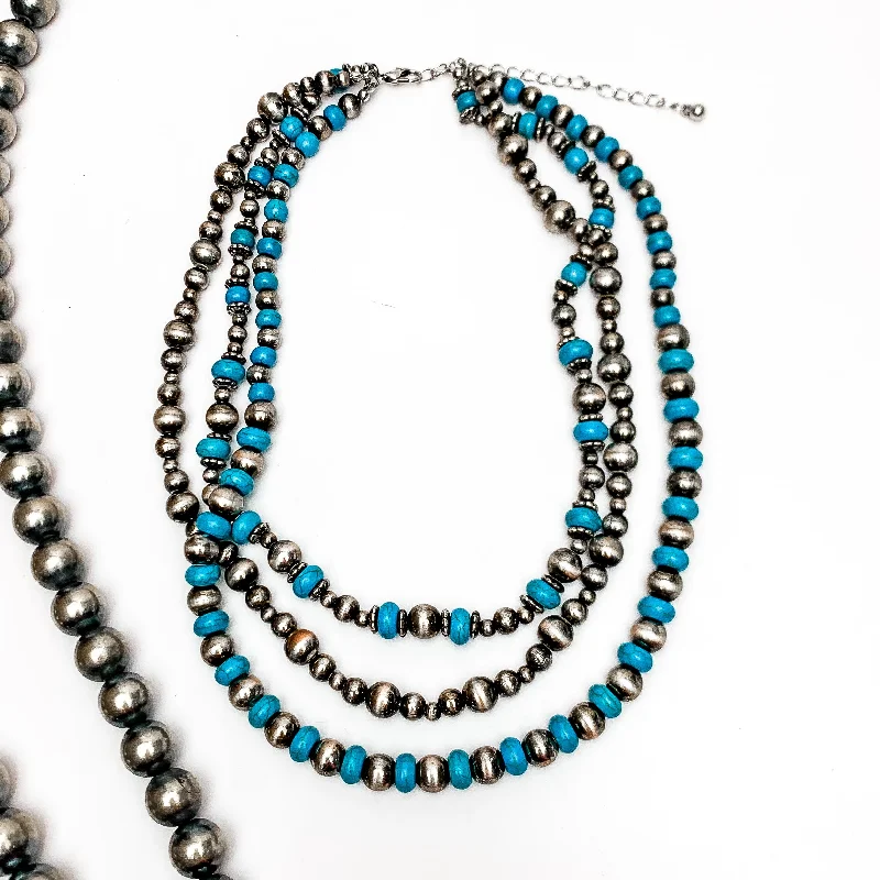 Triple Strand Turquoise and Silver Tone Beaded Necklace