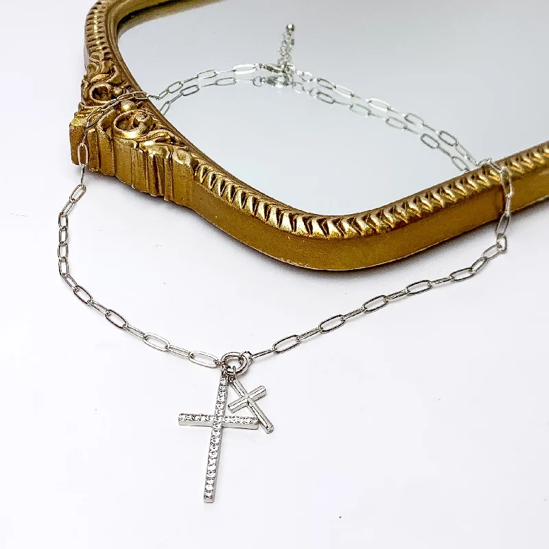 Silver Tone Double Cross Chain Necklace With Clear Crystals