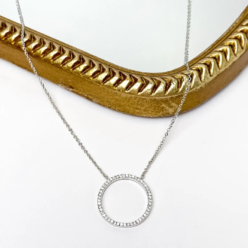 Inner Circle Chain Necklace with CZ Crystals in Silver Tone