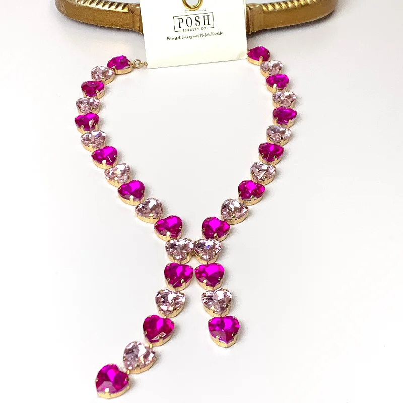 Posh by Pink Panache | Gold Tone Heart Shaped Crystal Lariat Necklace in Fuchsia Pink Mix