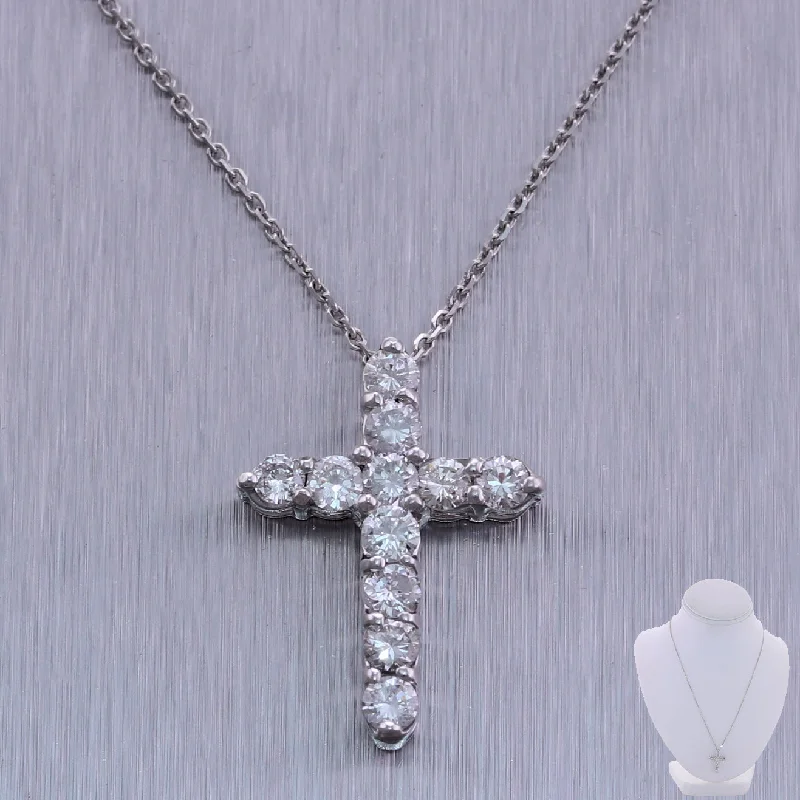 Modern 14k White Gold 1.10ctw Diamond Cross 20" Necklace