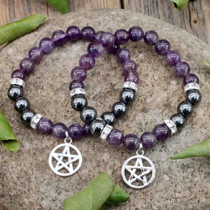 Amethyst and Hematite Bracelet with Pentacle Charm - 8mm