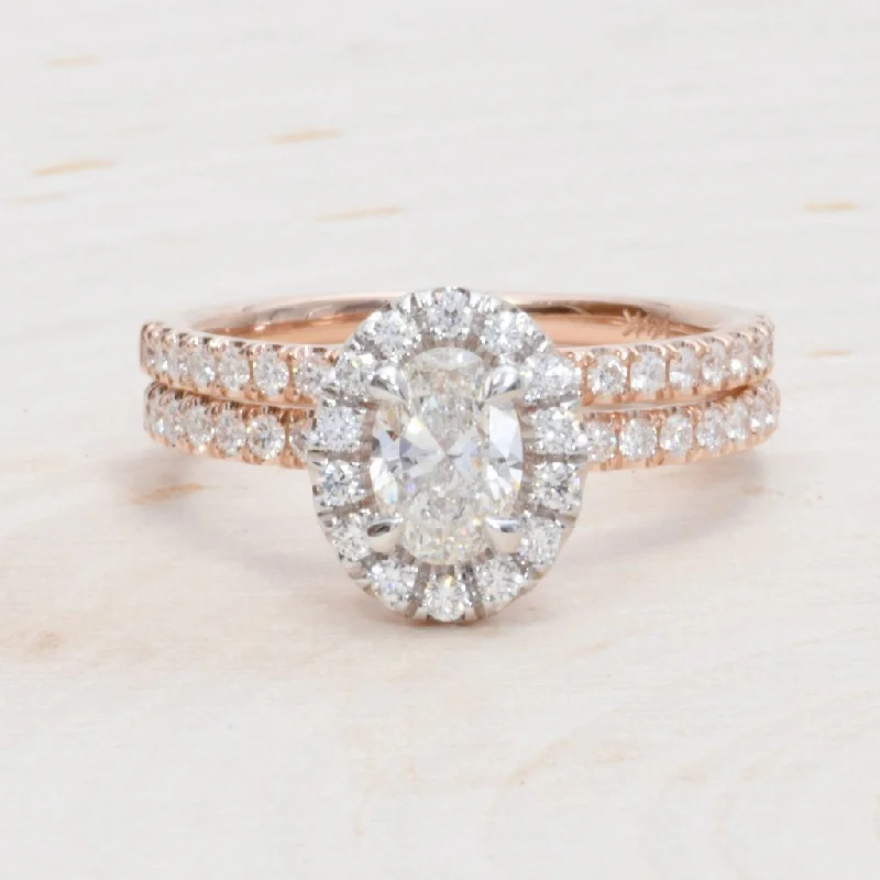 14K White & Rose Gold Oval Diamond Halo Engagement Set