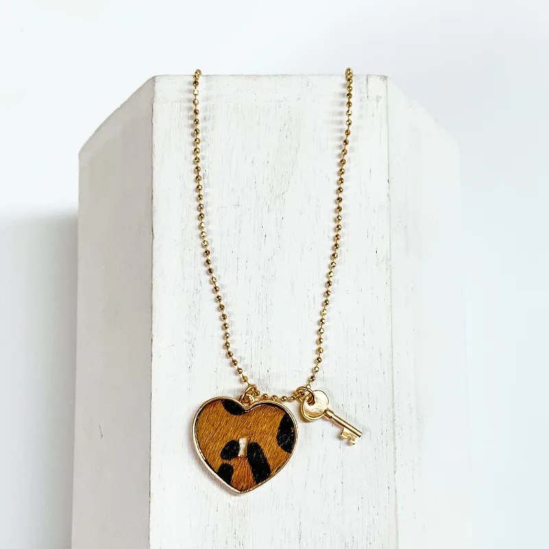 Key to My Heart Gold Tone Necklace with Gold Tone Key Charm and Brown Leopard Print Heart Pendant