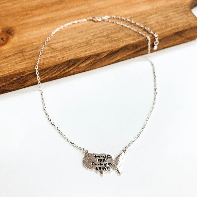 Home of the Free Because of the Brave Silver Necklace with USA Pendant