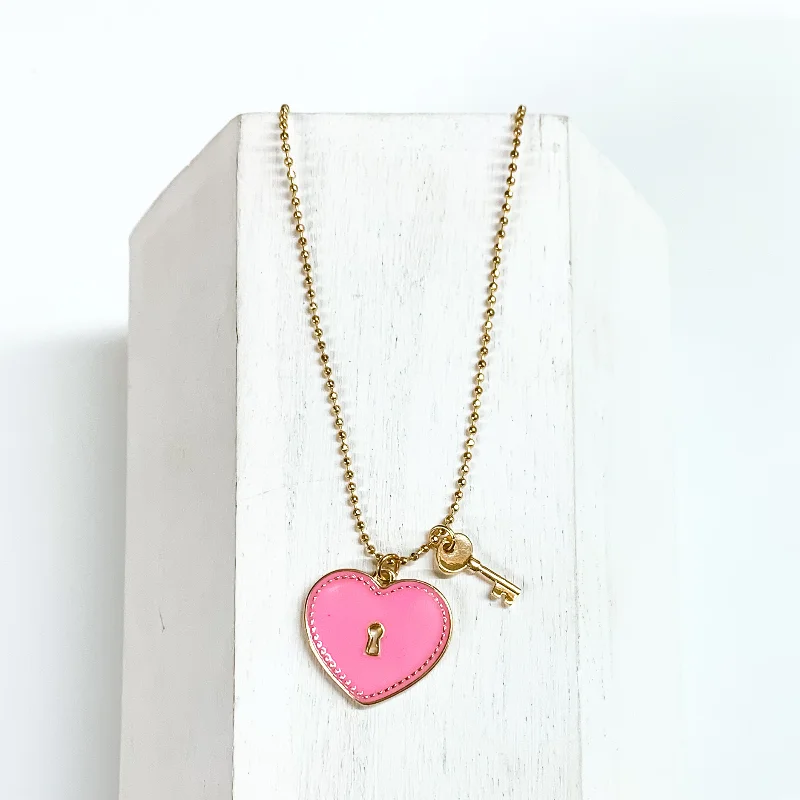 Key to My Heart Gold Tone Necklace with Gold Tone Key Charm and Pink Heart Pendant