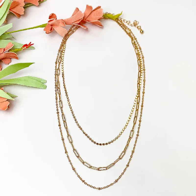 Gold Tone Three Layered Chain Necklace