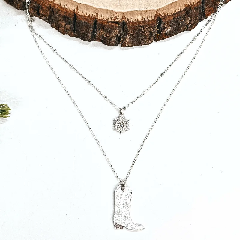 Winter Fate Double Strand Silver Tone Necklace with Silver Tone Snowflake and Snowflake Patterned Boot Pendant in White