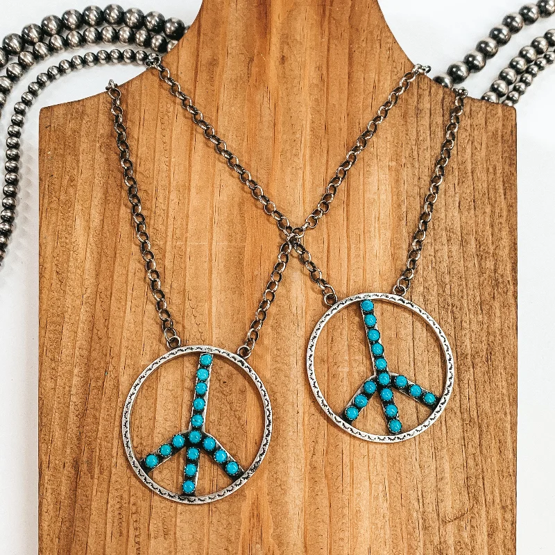 Navajo | Navajo Handmade Sterling Silver Chain Necklace with Peace Sign Pendant and Turquoise Stone Inlay