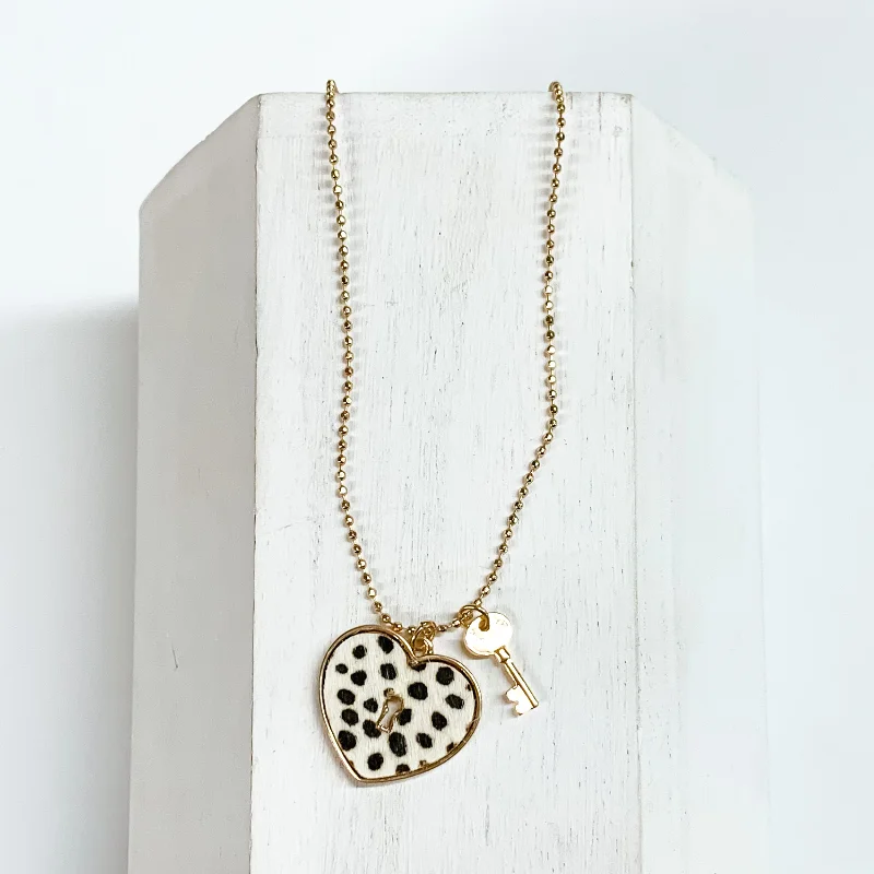 Key to My Heart Gold Tone Necklace with Gold Tone Key Charm and White Dotted Heart Pendant