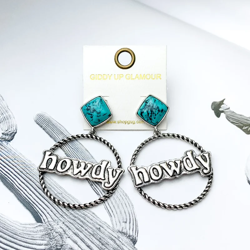 Square Faux Turquoise Post Back Earrings with Howdy Silver Tone Hoop