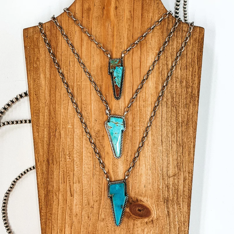 Various Artists | Navajo Handmade Sterling Silver Necklace with Kingman Turquoise Lightning Bolt Pendant