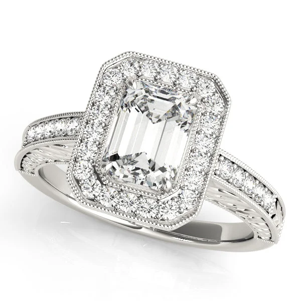 14K Emerald Cut Halo Vintage Engagement Ring