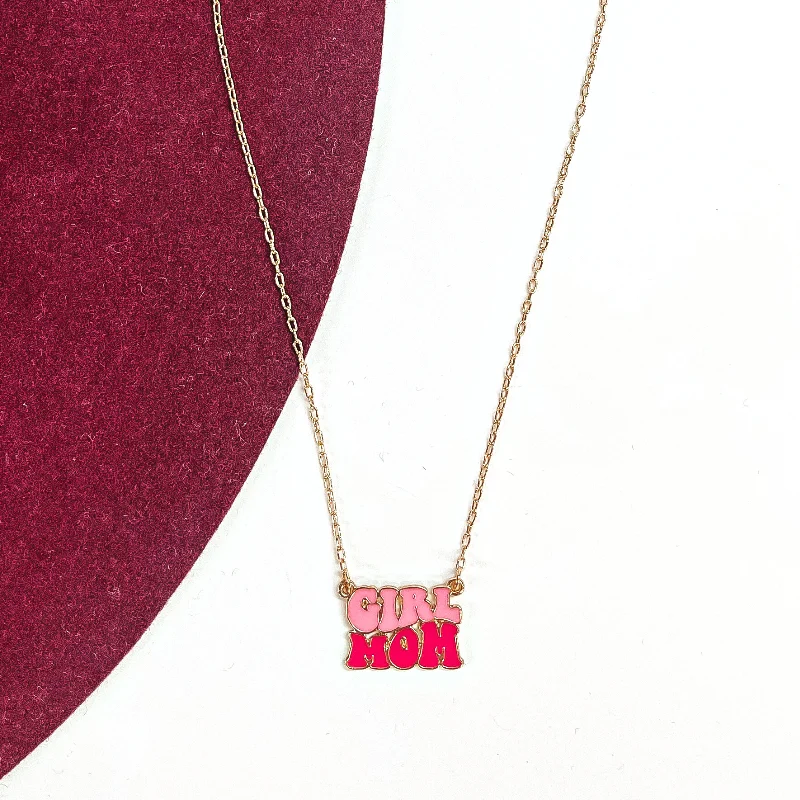 Girl Mom Gold Tone Necklace in Pink