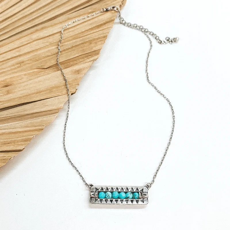 Friendly Ties Necklace with Turquoise Stone Beaded Horizontal Bar Pendant in Silver