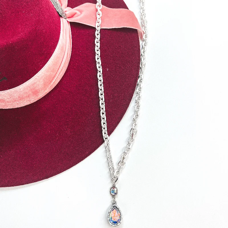 Pink Panache | Chunky Chain Necklace with AB Crystal Teardrop and Small AB Cushion Cut Crystal in Silver