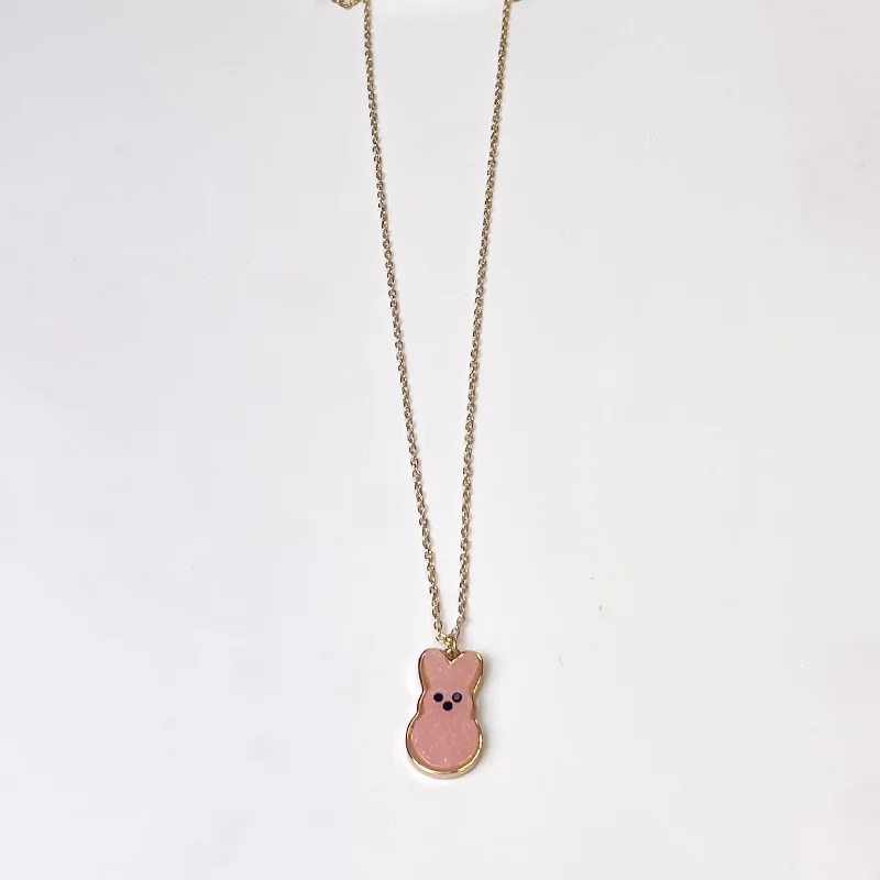 Gold Chain Necklace with Bunny Pendant in Pink