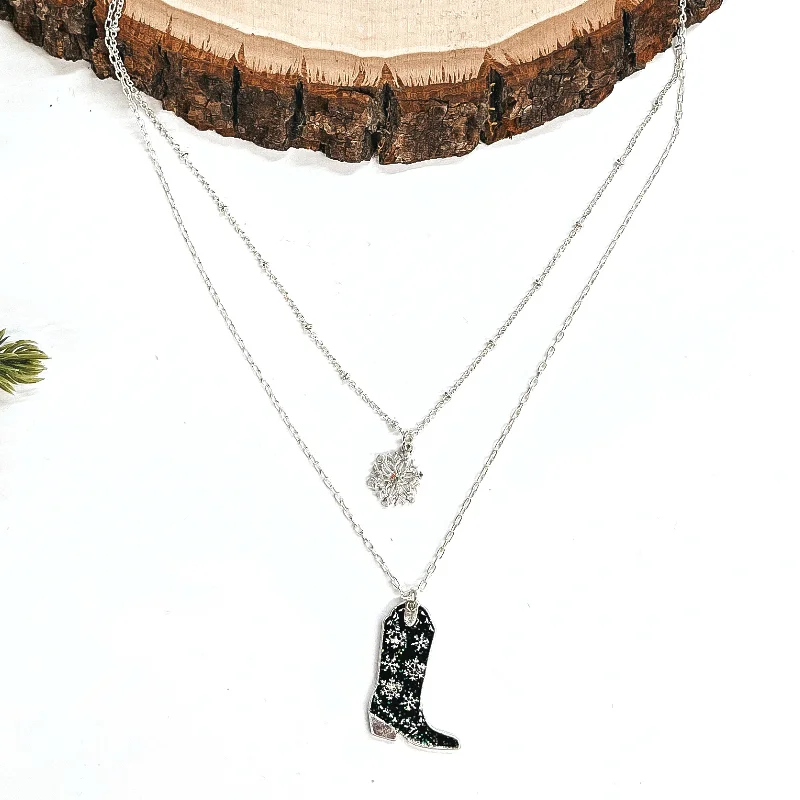 Winter Fate Double Strand Silver Tone Necklace with Silver Tone Snowflake and Snowflake Patterned Boot Pendant in Black