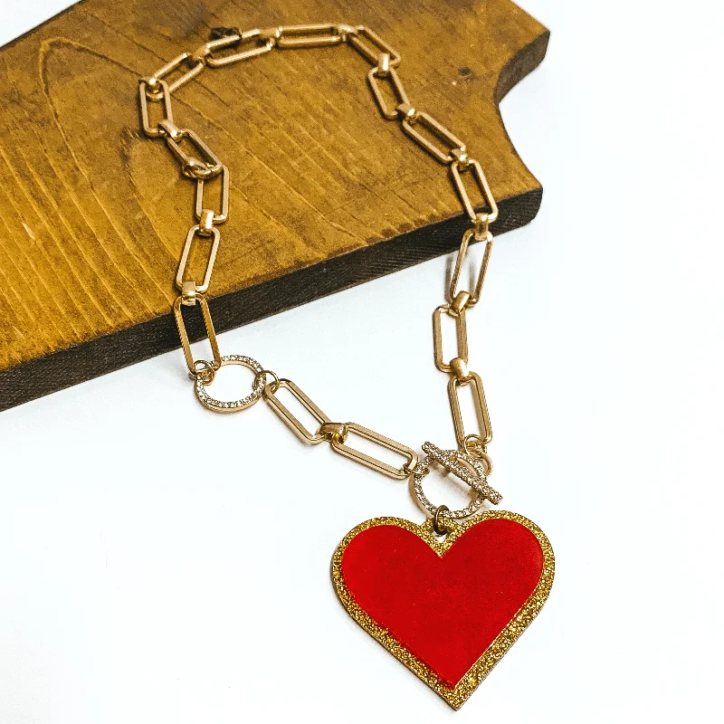 Pink Panache | Gold Tone Chain Necklace with Crystal Toggle Clasp and Red Heart Pendant