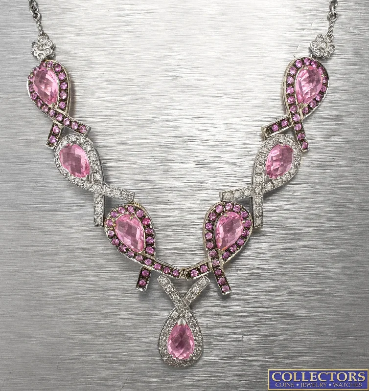 Ladies 14K Gold 22.30ctw Pink Sapphire Diamond Ribbon Breast Cancer Necklace