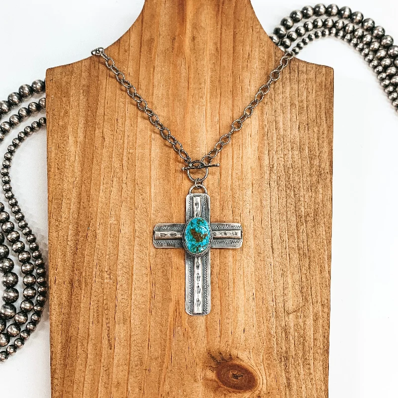 BS | Navajo Handmade Sterling Silver Chain Necklace and Cross Pendant with Turquoise Stone with Etched Detailing